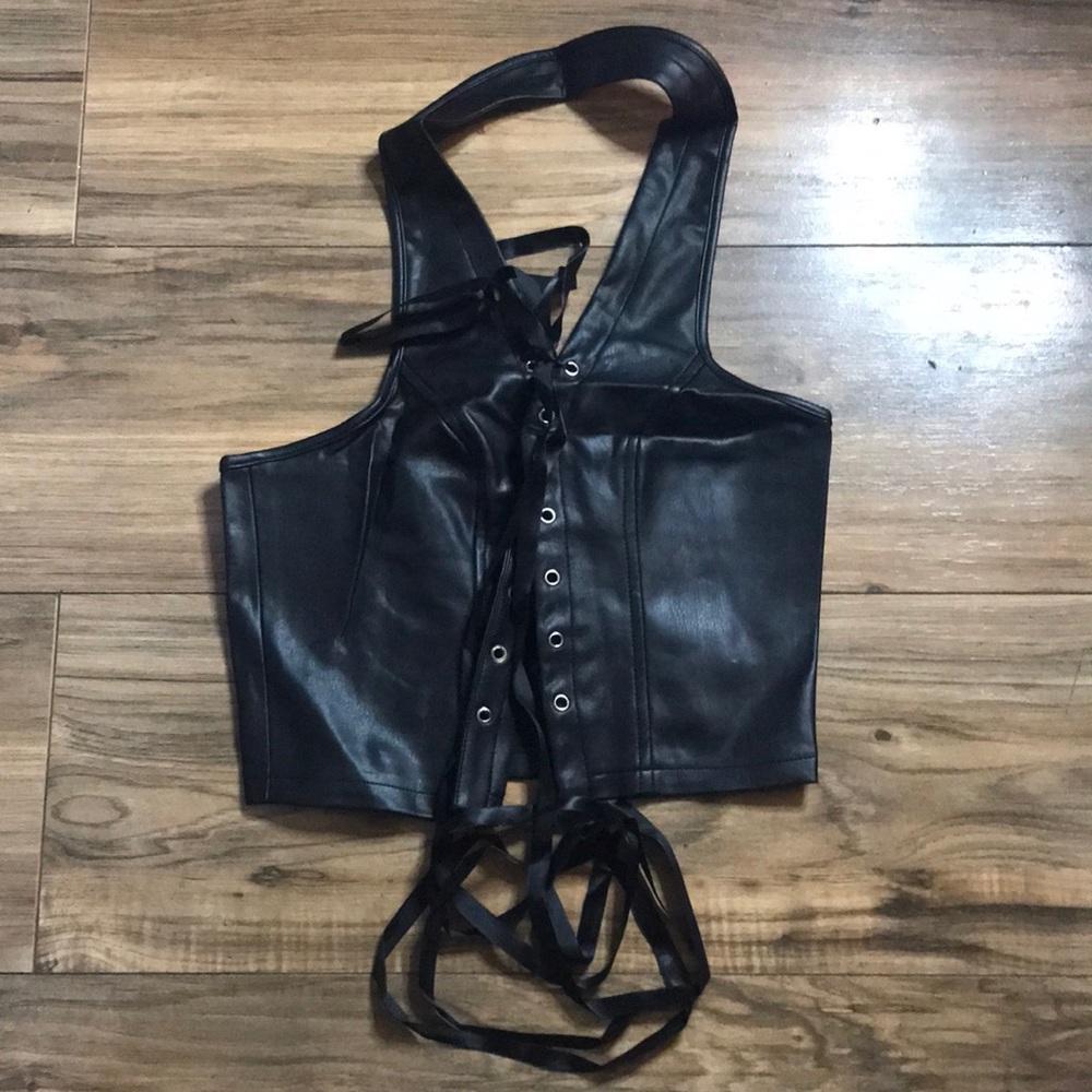 Black faux leather crop lace up top